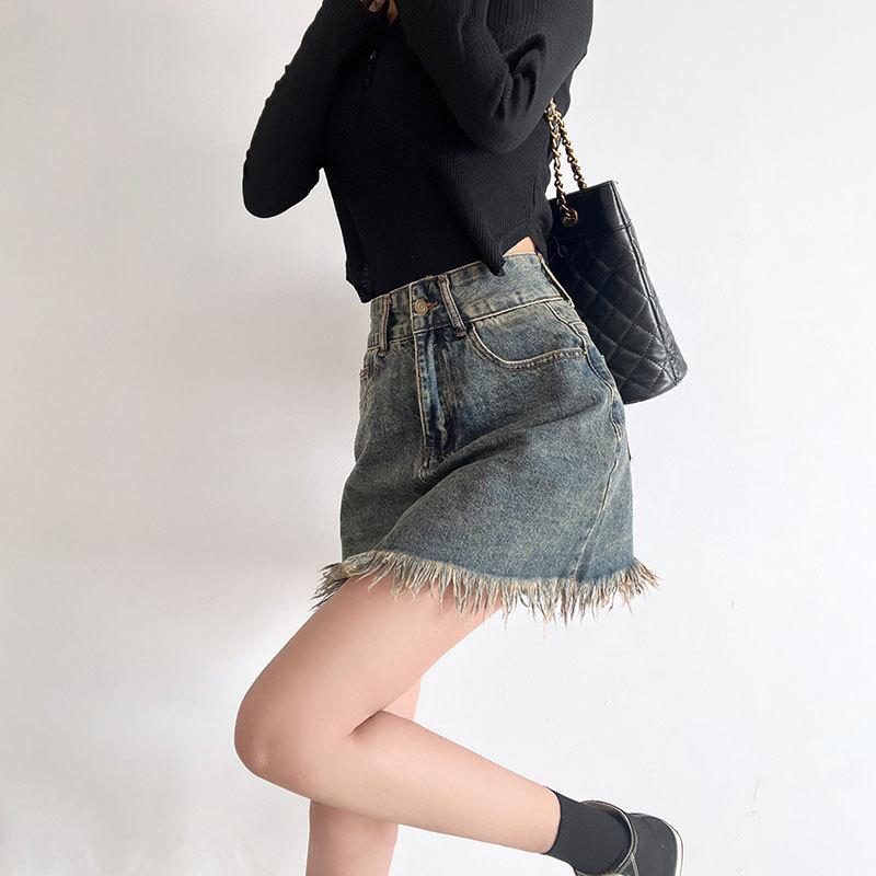 Classic Versatile Youthful Raw Edge Tassel Bustier Skirt High Waist Thin Big Yards A-line Package Hip Skirt Retro Ladies Summer Fashion Cowboy Skirt
