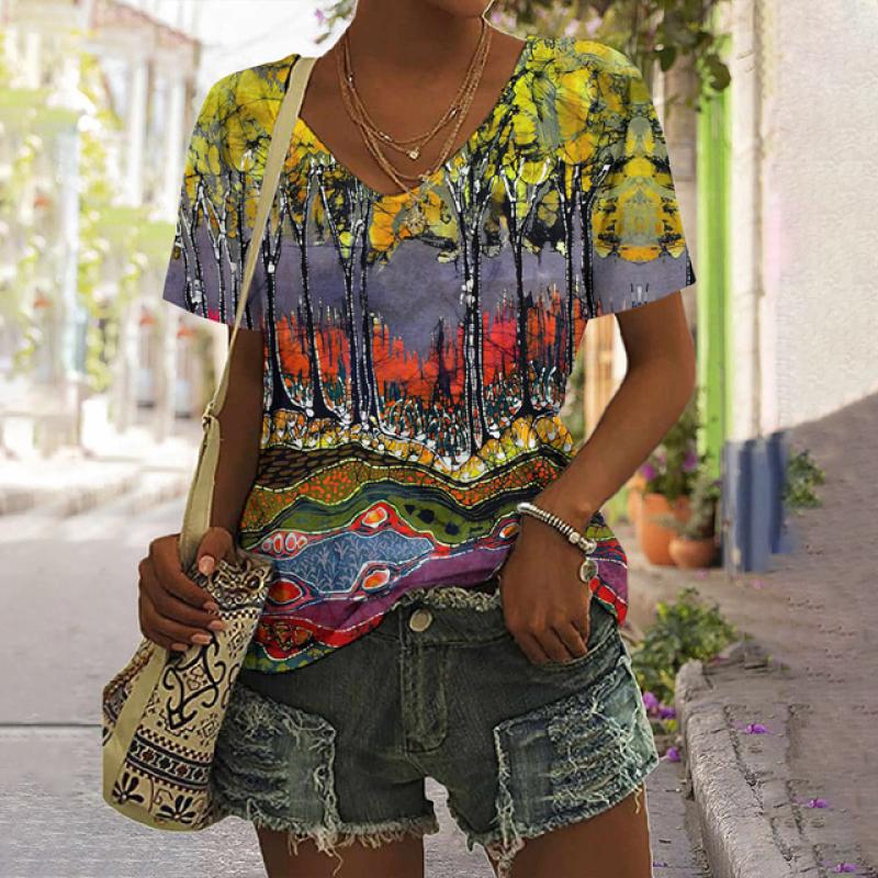 Gestreiftes T-Shirt für Damen, neue einfache Kleidung, lässig, V-Ausschnitt, kurzärmelig, T-Shirt, Harajuku, Retro-Druck, Damen-T-Shirt, Sommer