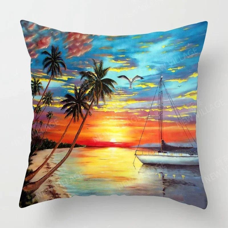 Sunset & Palm Tree Beach Pattern Double-Sided Printed Pillow Cover Short Plush Suitable Living Rooms Sofas Throw Cushion Cover