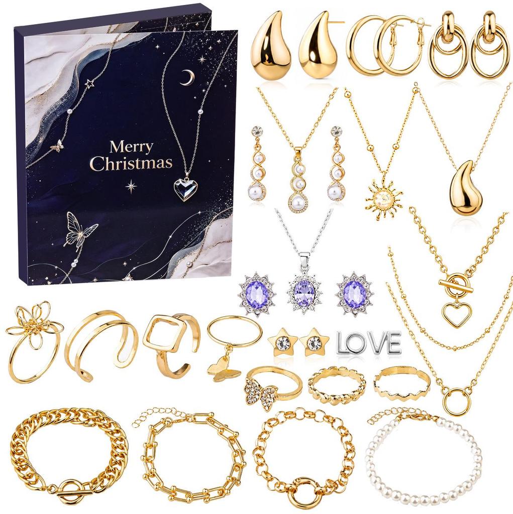 Christmas Jewelry Advent Calendar: 24 Compartments of Necklace, Bracelet & Stud Earrings Gift Box