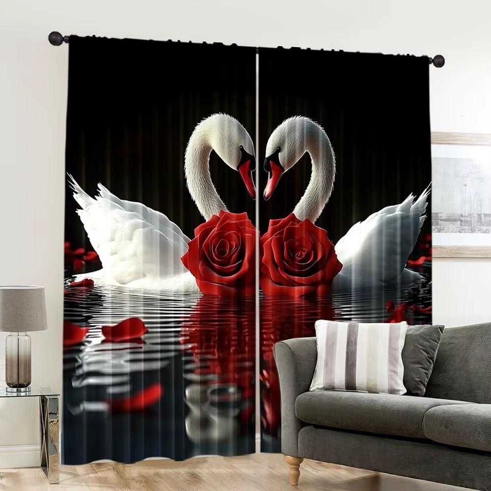 Romantic Swan Red Rose Print Curtains Flat Perfect Valentine Day Bedroom Living Room Window Decoratio Set Of 2 Made Polyester Great Decor