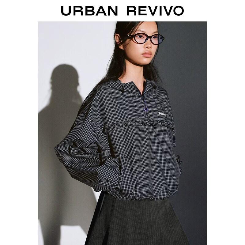 UR 2026 Spring Women's Urban Plaid Embroidered Hooded Blouse