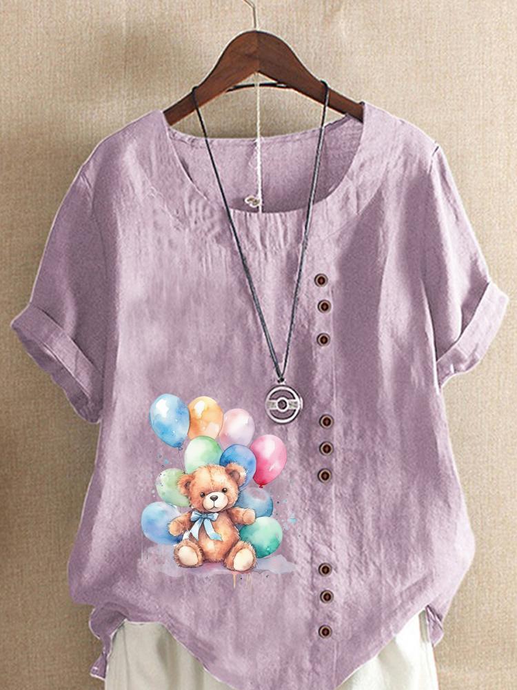 Women's Fashion Bear Print Round Neck Short Sleeve T-shirt Summer Casual Cotton Linen Graphic Shirt Leisure Loose Blouse Tops