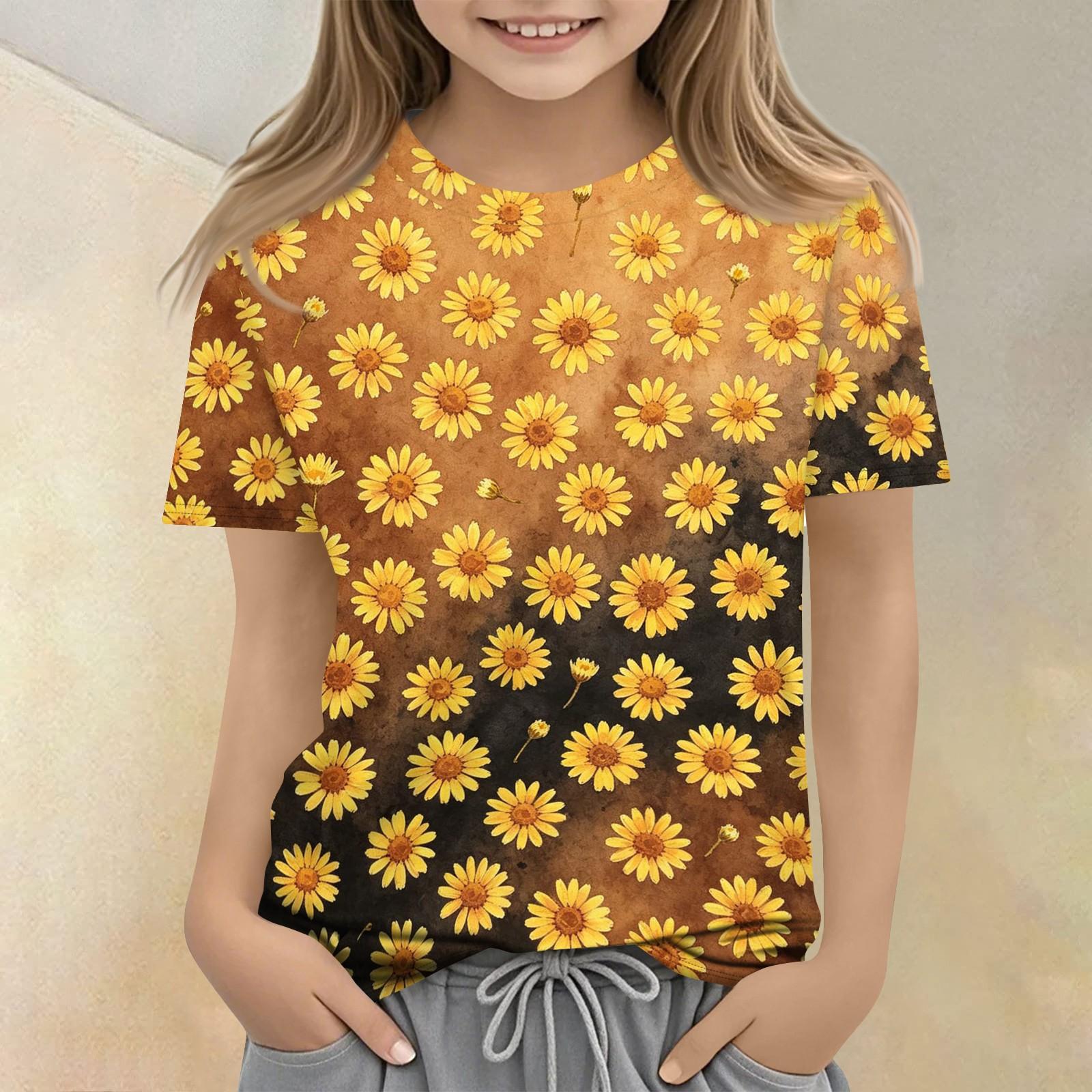 Girls Floral Print Crew Neck Short Sleeve Casual Loose Fit T Shirt Comfortable Lightweight Breathable Fabric Summer Wear 150 шафрановый