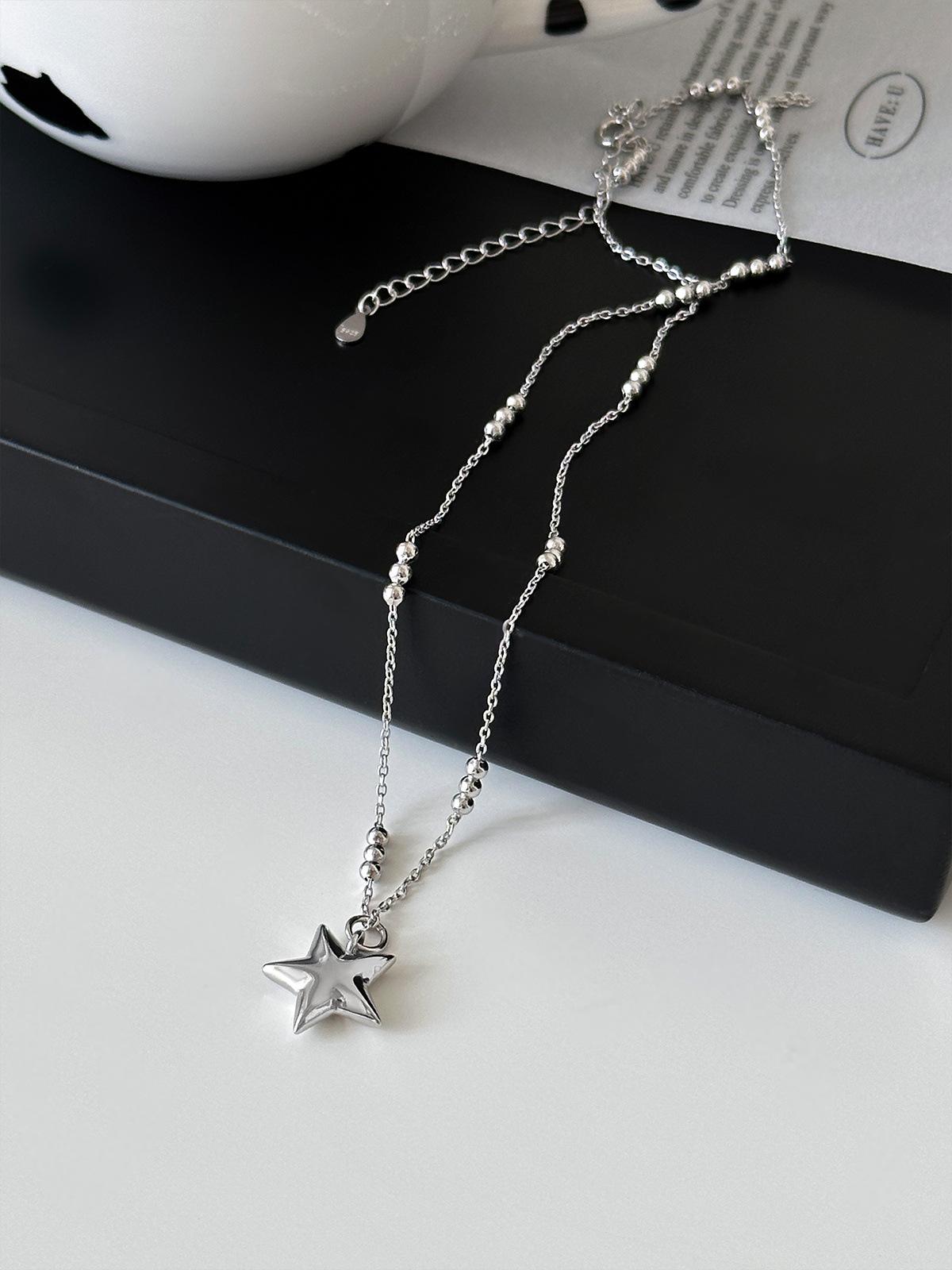 

Ожерелье из стерлингового серебра 925 пробы, трехмерная пятиконечная звезда, нишевая цепочка на ключицу с круглыми бусинами, простое и универсальное, новая цепочка для свитера 925 silver