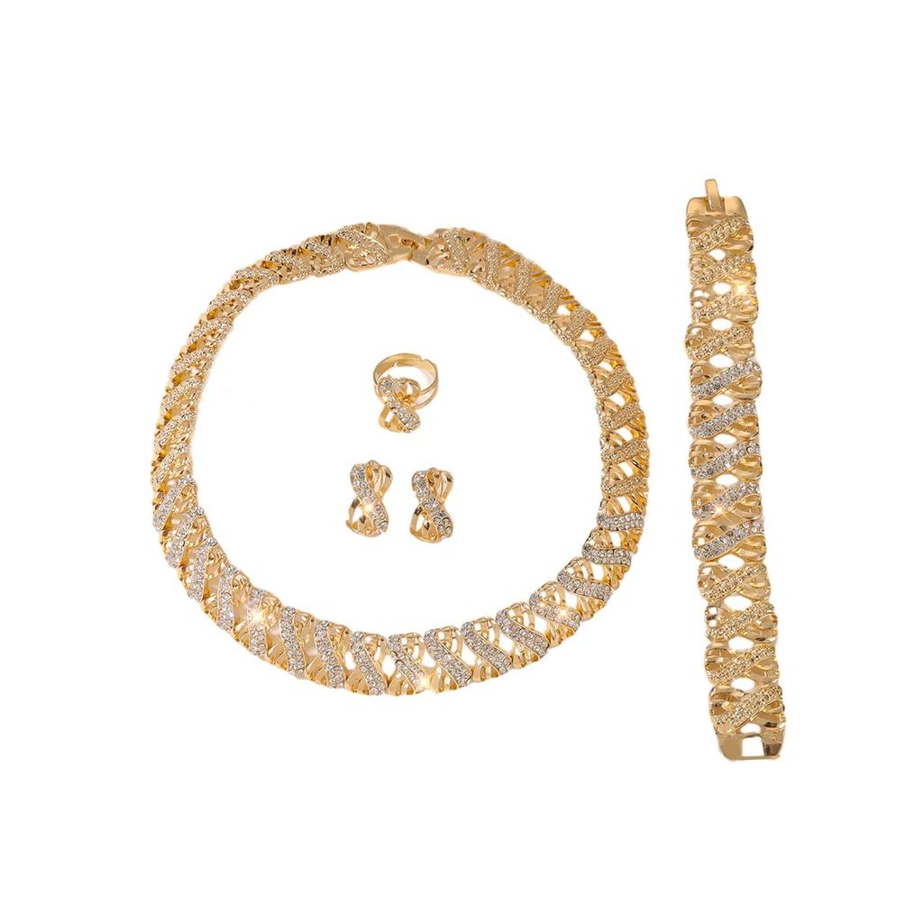 Fashion Gold Plated Jewelry Set Dubai African Choker Necklace Earrings Rings Wedding Bridal Jewellery Sets for Women