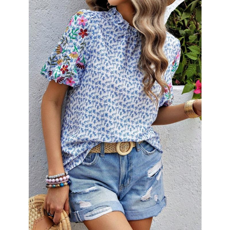 Women's Fashion Casual Summer Spring Flower Pattern Print Short Sleeve Blouses & Shirts