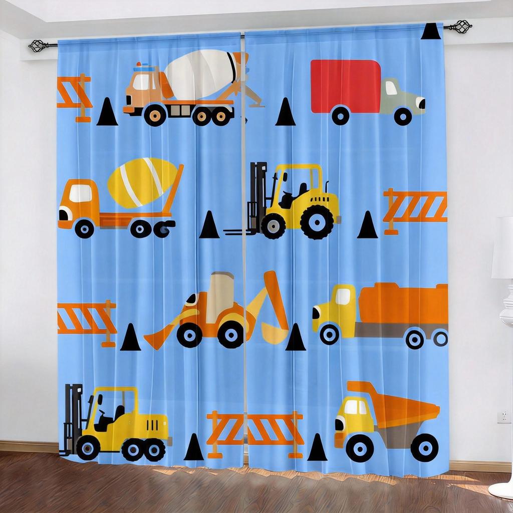 Cartoon Construction Curtains 2pcs – Bulldozer Excavator Truck Print, Semi-Sheer Boys Room Living Room Decor