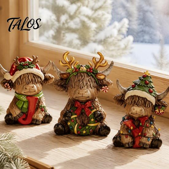 Indoor Holiday Scene Decorations 2/3Pcs Christmas Highland Cow Wooden Tabletop Sign, 2D Flat Yak Ornament Figurine with Garland Bow Hat, Festive