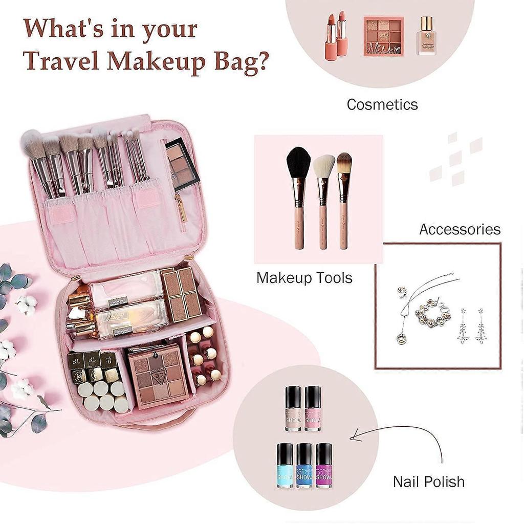 Travel Makeup Bag,Make Up Bag,Makeup Organizer Bag for Cosmetics Makeup Brushes Toiletry Travel Accessories with Dividers,Makeup Case for Women,Pink