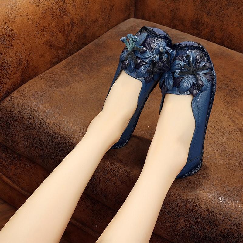 

Мягкие повседневные туфли на плоской подошве из натуральной кожи ручной работы с цветами, осенние размеры 35-40 37 синий