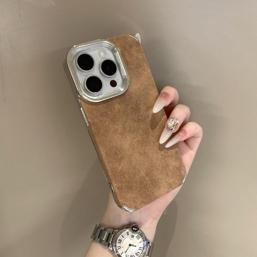 Luxury Business Leather Pattern Protective Phone Case For iPhone 14 16 Pro Max 15 13 12 Plating Lens Simple Solid Color Cover