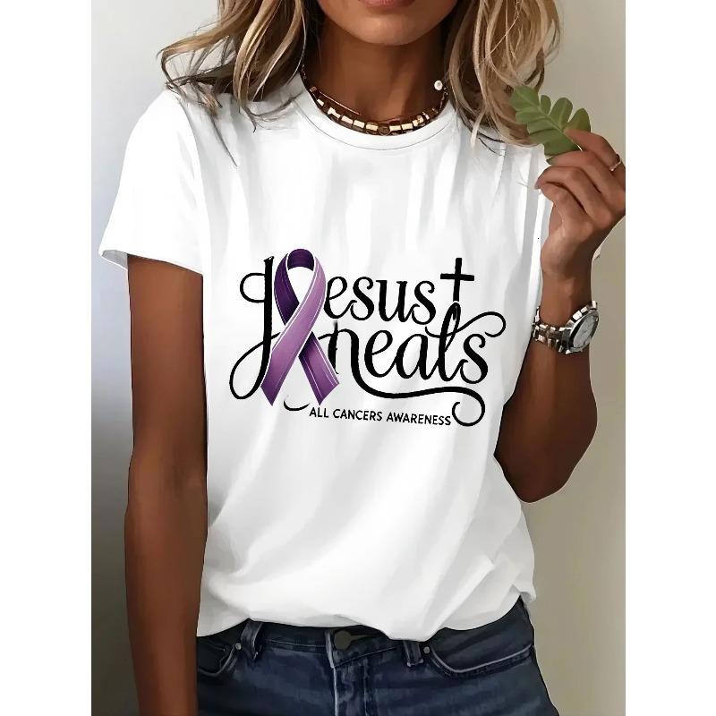 NEW Womens ALZ Print Short Sleeve TShirts Summer Round Neck Casual Tops Tees