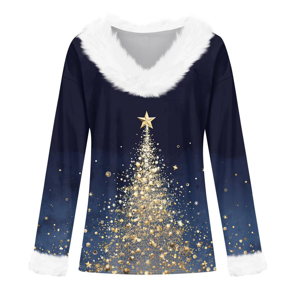 Langermede skjorter for kvinner Søte topper juletrykk T-skjorter Bluser Uformell Pluss størrelse Basic Topper Pullover