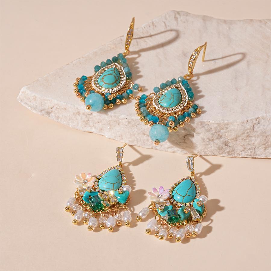 Simulation Pearl Turquoise Drop Earrings for Women Bohemian Ear Studs Party Accessory