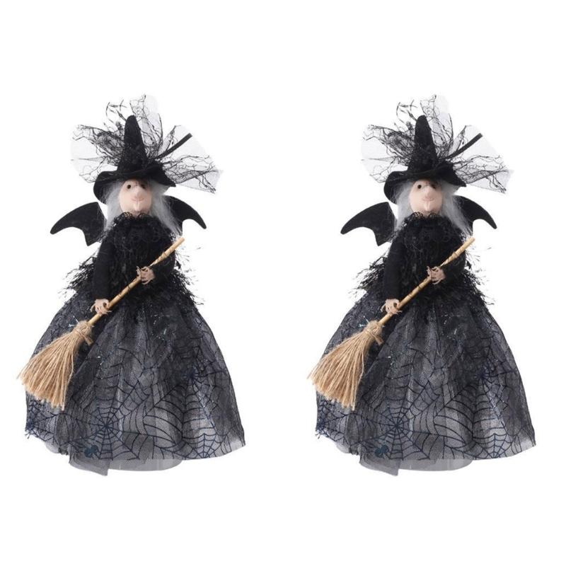 Halloween Witch Doll Desktop Decorations Witch Tree Toppers for Holiday Party Home Decor Witches with Spiders Web Dress