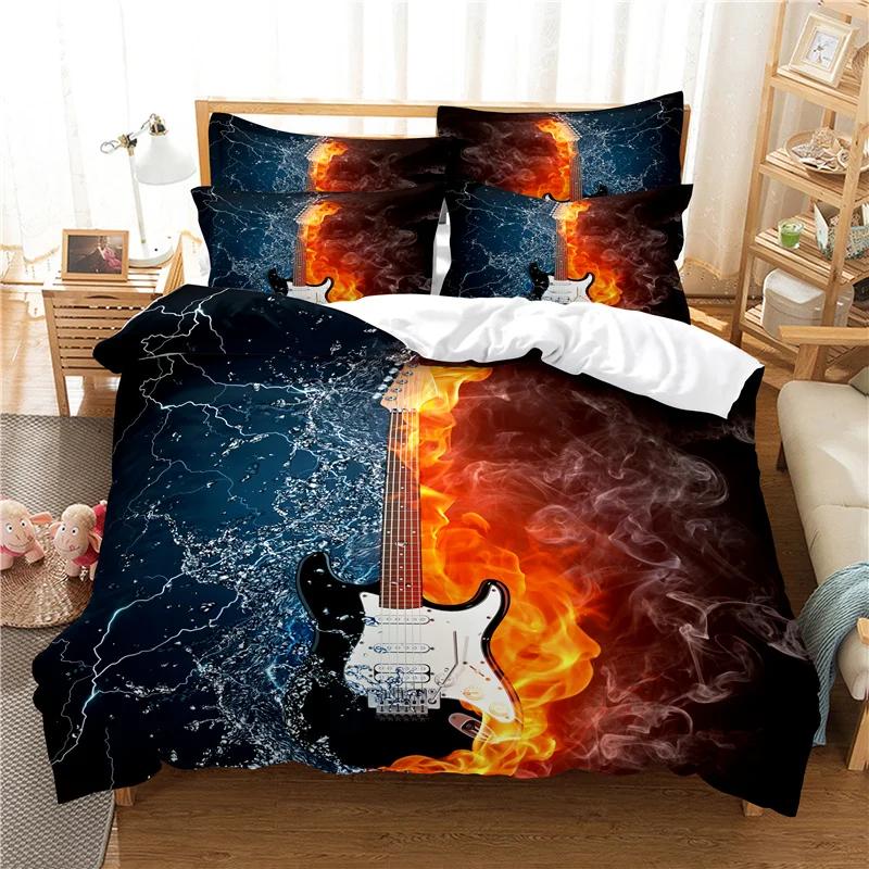 Lovers Guitar Duvet Cover SetBedding PrintMusic PatternBedclothesQuilt Covers With PillowcasesHome Textile For Teen Boy