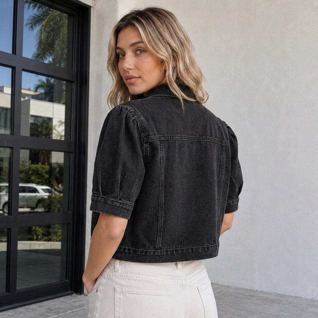 Women's Short Sleeve Denim Jacket with Puff Sleeves and Lapel Collar, Single-Breasted, Pockets