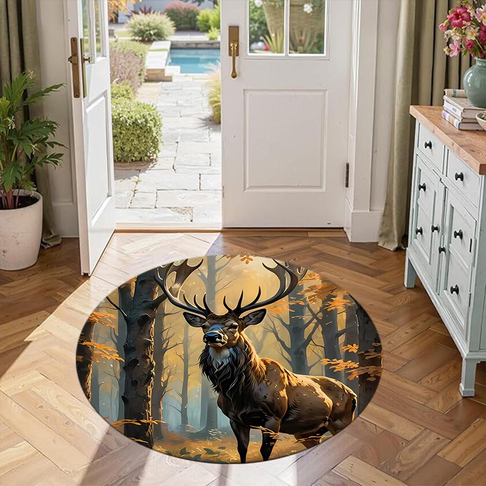 Elk Round Floor Mat Design for Dining Room Entryway Bedrooms Game Room Anti-slip Round Rug Decorate Offices Perfect Gift for Friends Family