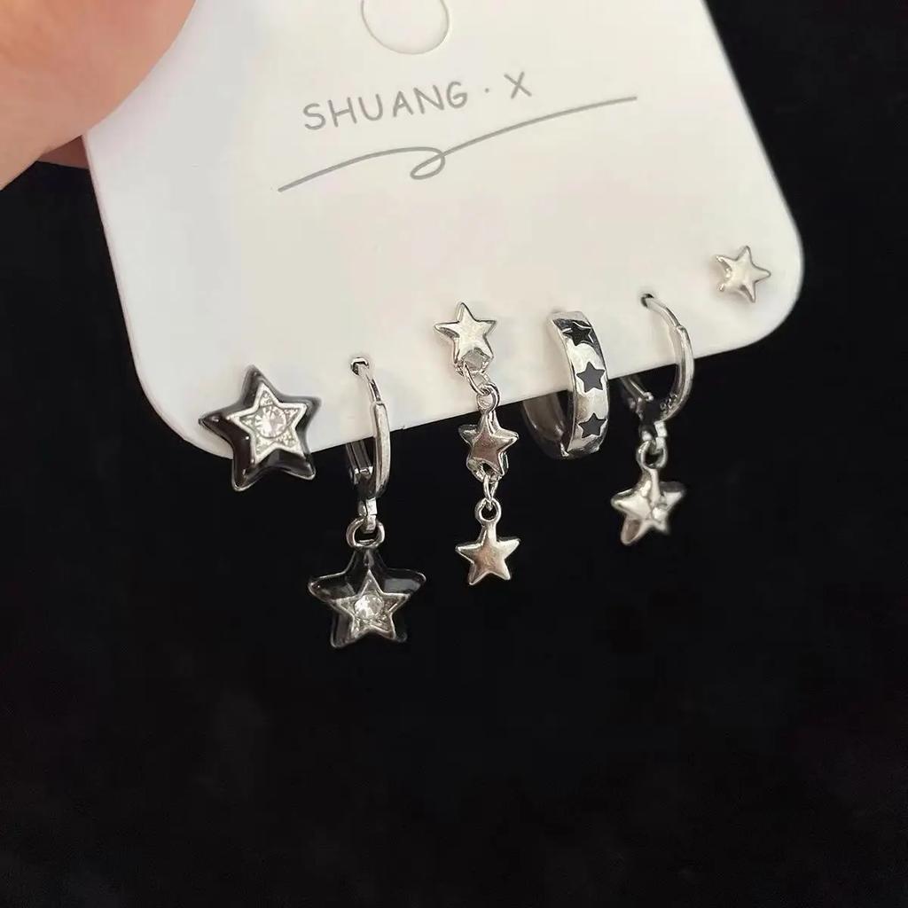 6PCS Y2K Punk Crystal Star Moon Pendant Earring Set For Women Girl Men Gothic Vintage Aesthetic Grunge Jewelry Ear Accessories