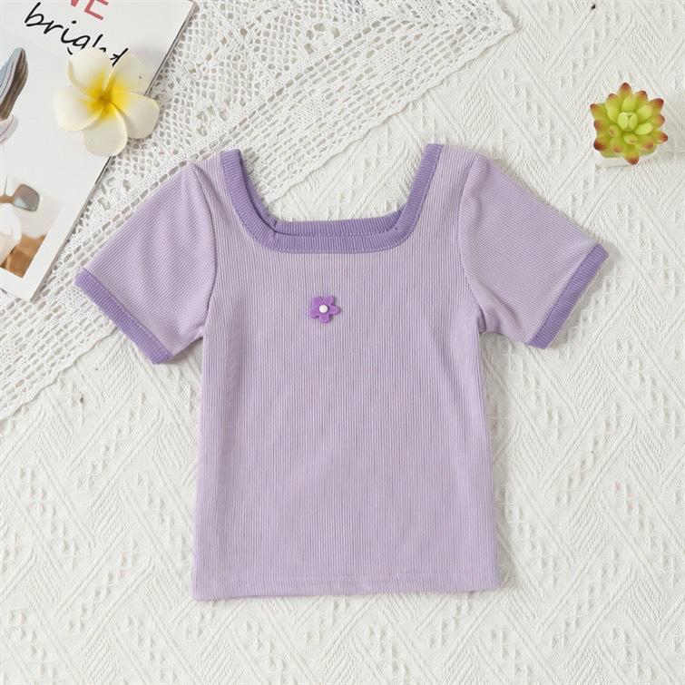 2024 Fashionable Baby Girl Square Neck Summer T-shirt - Short Sleeve Toddler Top