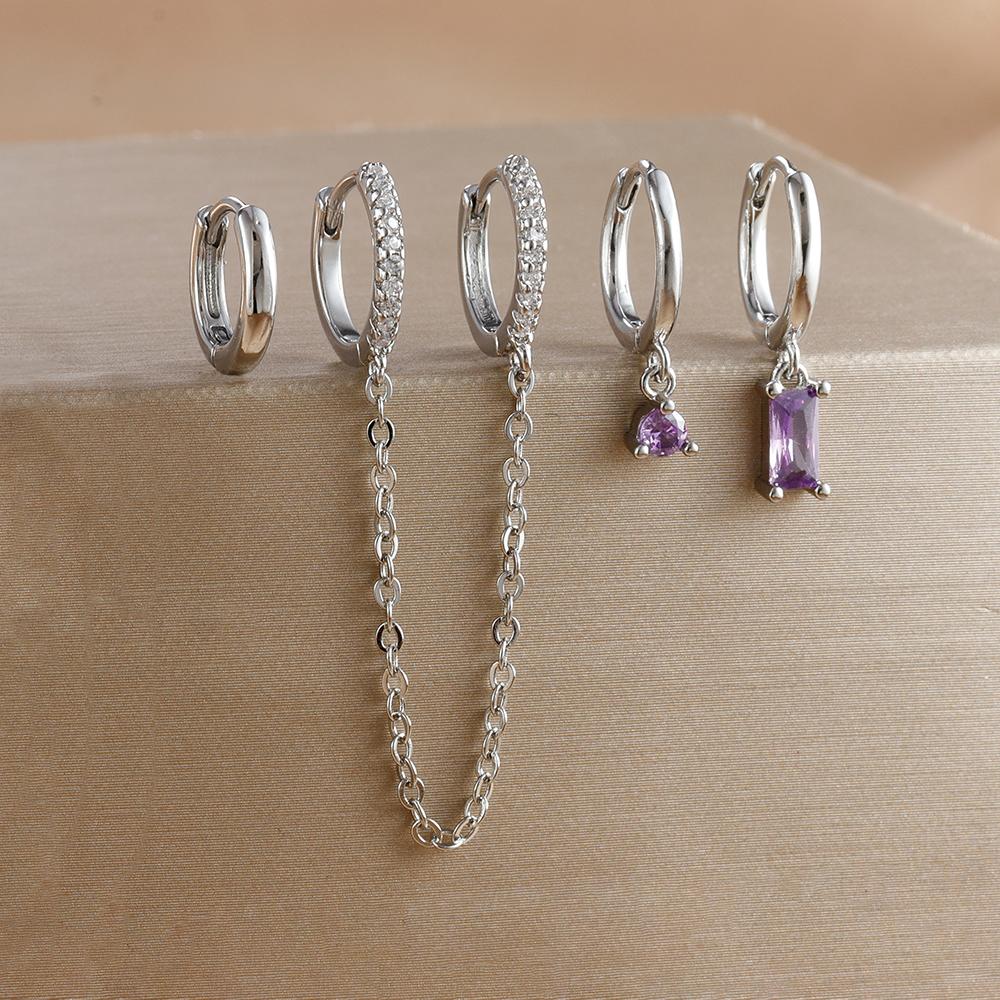 4pcs Fashion Colorful Zirconia Chain Square Earrings Set for Women Two Hole Round Circle Gold Color Hoop Earring Wedding Jewelry