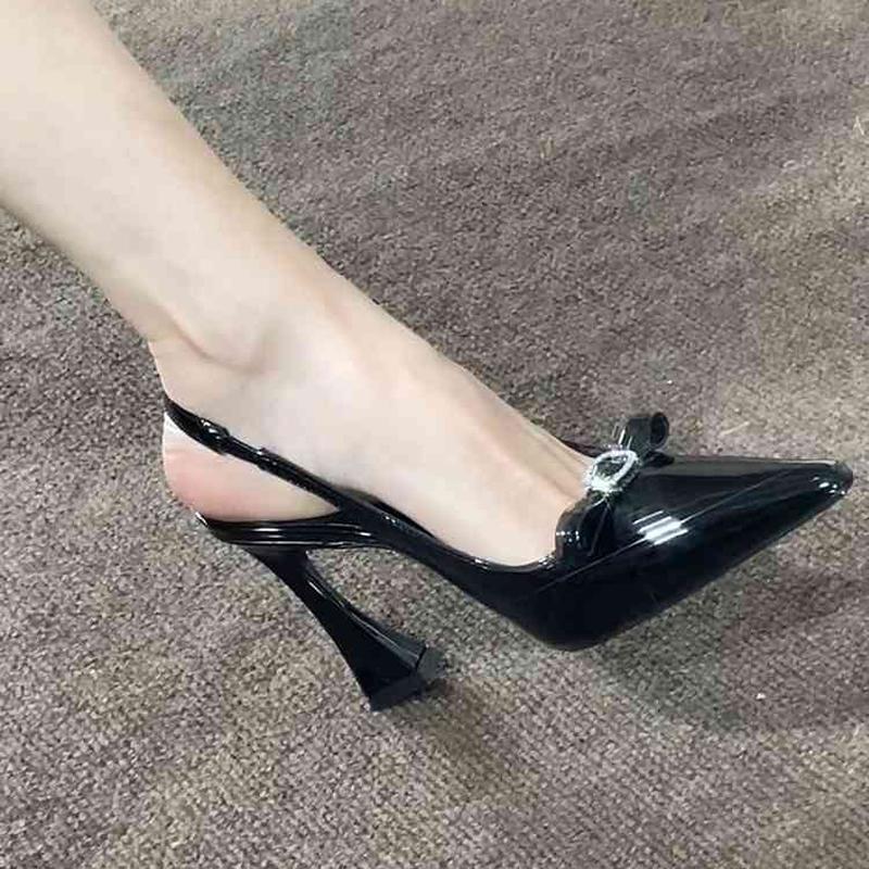 Wine Red High Heels Women's 2025 New Style Rhinestone Butterfly Knot Pointed Toe Versatile Hollow Head Sandals PU Leather Rubber