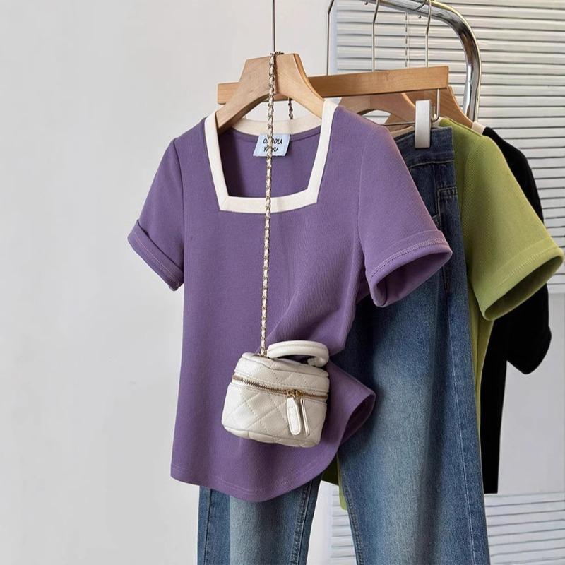 Women s Contrast Trim Square Neck Short Sleeve T-Shirt L фиолетовый