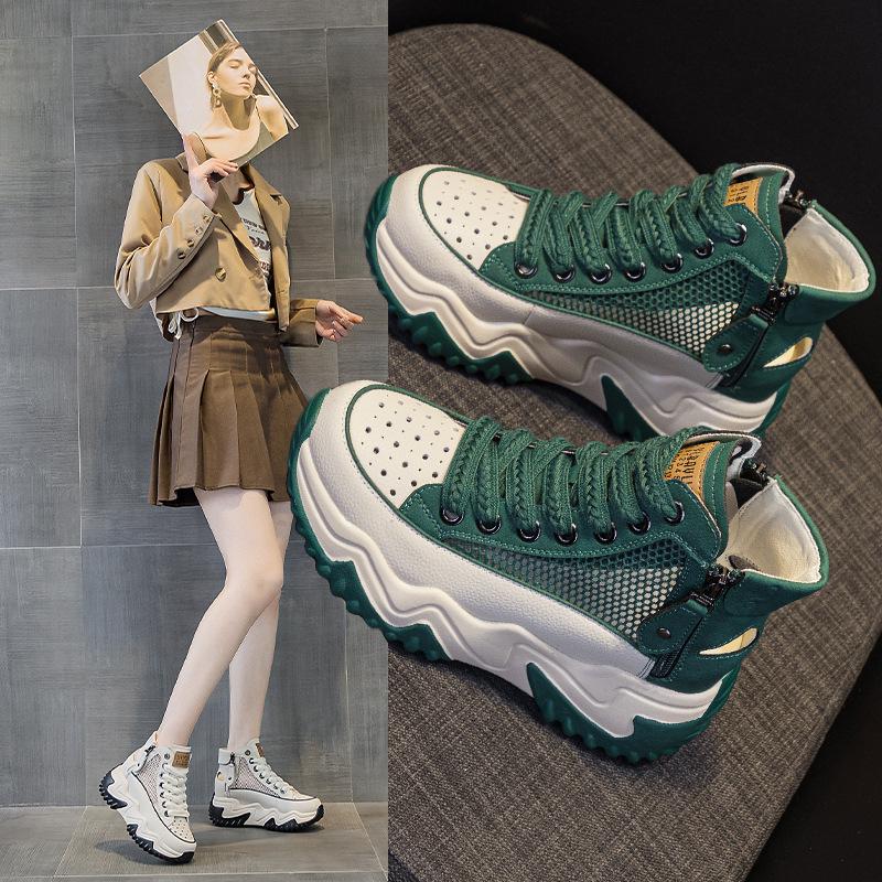 Mesh high-top dad shoes summer new leather thick-soled small hollow breathable casual shoes