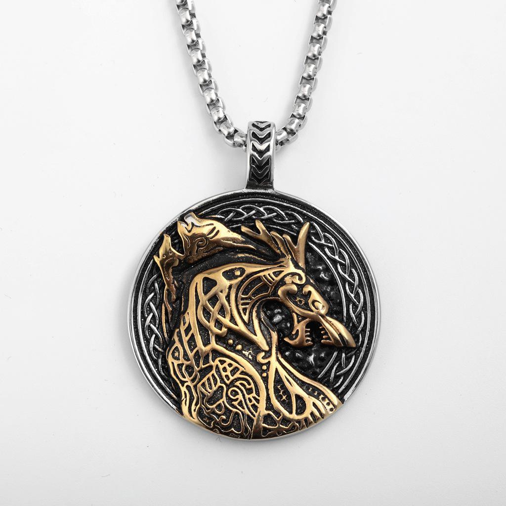 Men's Retro Stainless Steel Celtic Wolf Pendant Necklace