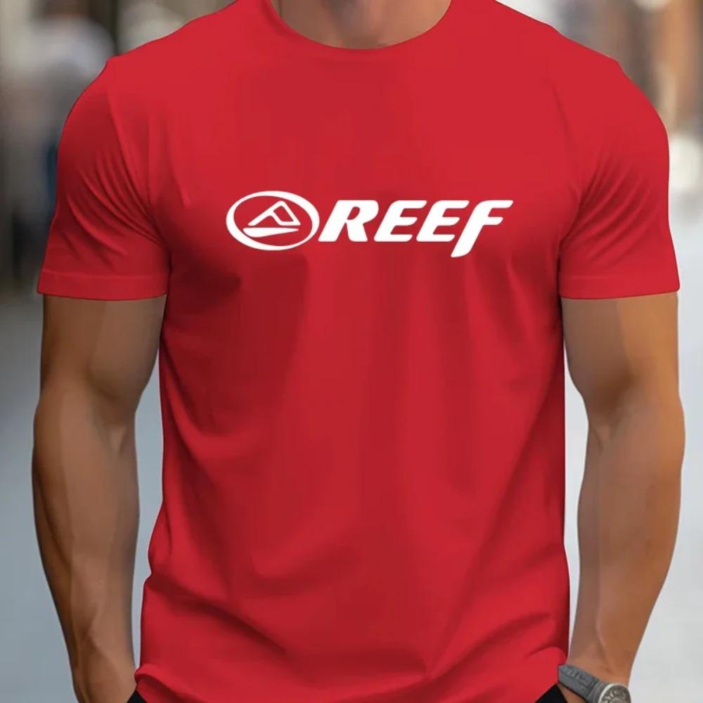 Herren Casual Rundhals T-Shirt 100% Strickstoff Leichter Stretch Normale Passform REEF Alphabet Muster Mode Trendiges T-Shirt Top
