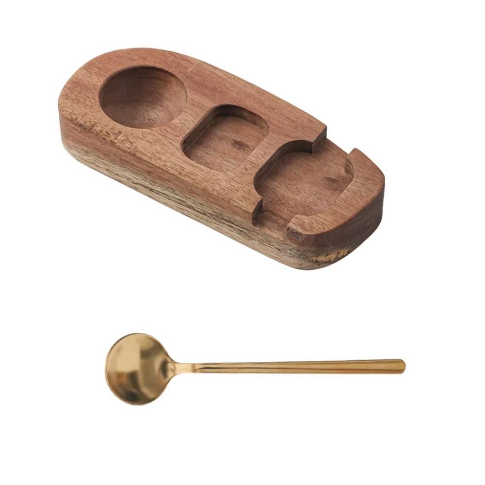 

Acacia Wood Egg Tray with Golden Spoon Portable Egg Storage Tray Organizer Rack Punch Cup Holder for Household Kitchen Gadget