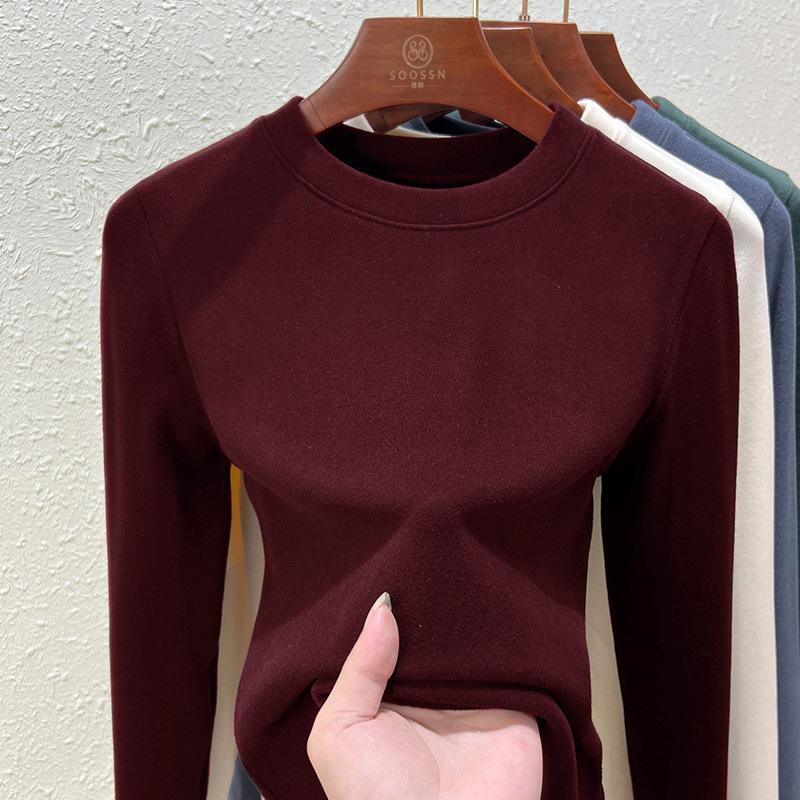 Crew neck German velvet bottoming shirt women's spring and summer new double-sided integrated velvet thickened slim-fitting long-sleeved inner top