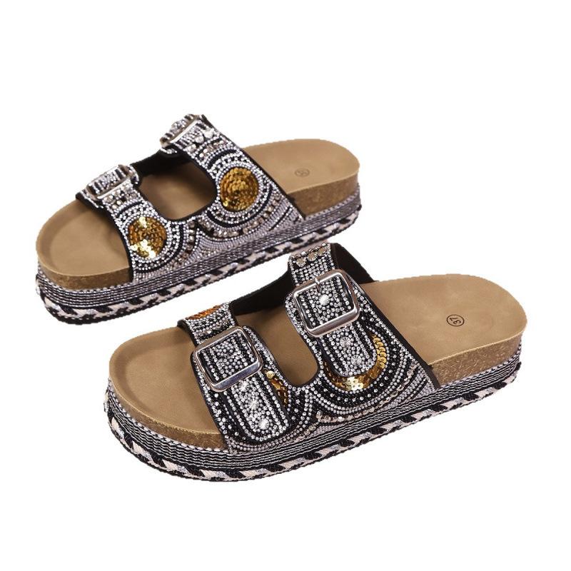 Ins New Thick-soled Hemp Rope Metal Buckle Rhinestone Cork Beach Slippers Large Size Shoes
