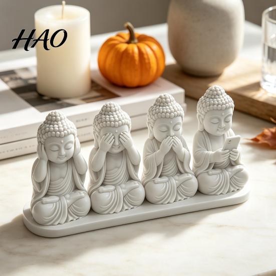 Artistic Tabletop Centerpiece 4-in-1 Mini Buddha Statue, See Hear Speak No Evil And Phone, 3D Printed Trendy Office Gadgets Zen Monk Feng Shui