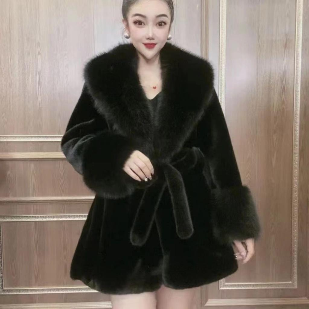 Winter Warm Grobstrick Plüsch Übermantel Damen Großer Umlegekragen Kunstfuchs Pelz Cardigan Damen Dicke Jacke Mantel Mit Gürtel