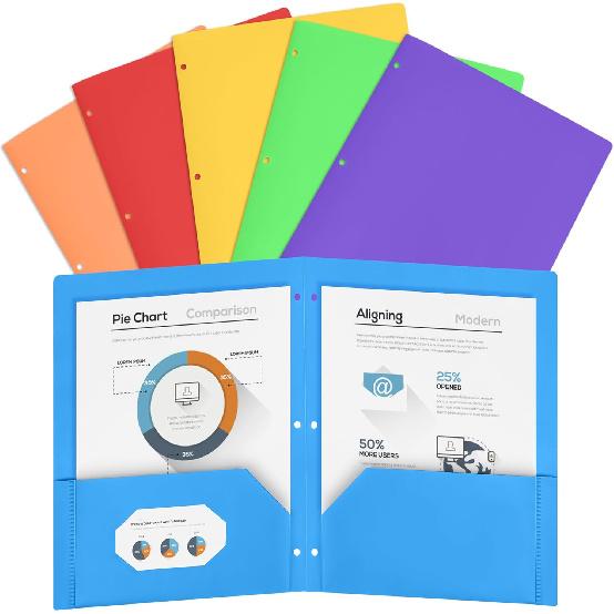 Cesil 6 Pack Folders with Pockets 3 Hole Punched, Plastic Pockets Folders for 3 Ring Binder with Labels, Heavy Duty Binder Folder, 2-Pocket Folder
