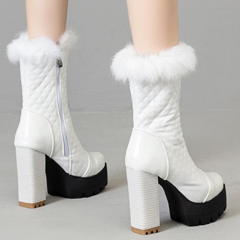 Platform Women's Ankle Boots Winter Shoes Sexy High Heels Snow Short Boot White Black Fur Shoes Female Large Size 45 Waterproof