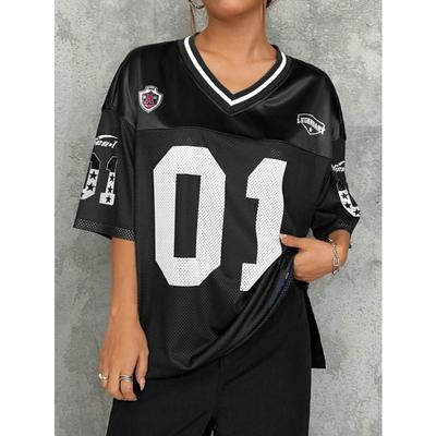 T-shirt à col en V Mode Sportive Américaine Street Y2K Hip-Hop Maillot Femme Ample Respirant Séchage Rapide Décontracté Polyvalent Top