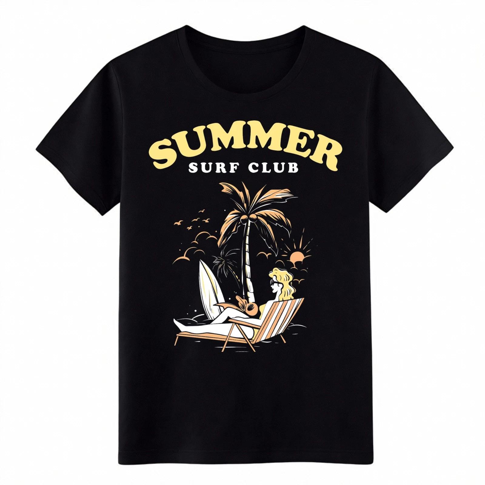 Summer Surf Club T-Shirt, Retro Beach Girl Palm Tree Graphic Tee 3XL