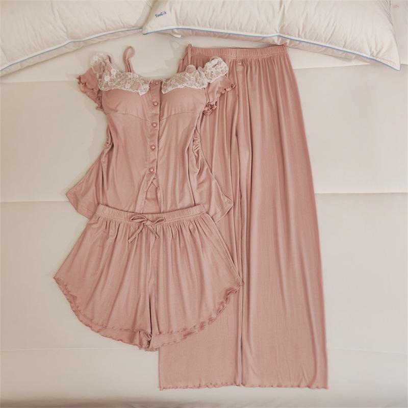 Women's Lace Camisole Sleepwear Set with Chest Pads - Sweet & Sexy Spring/Summer Homewear.