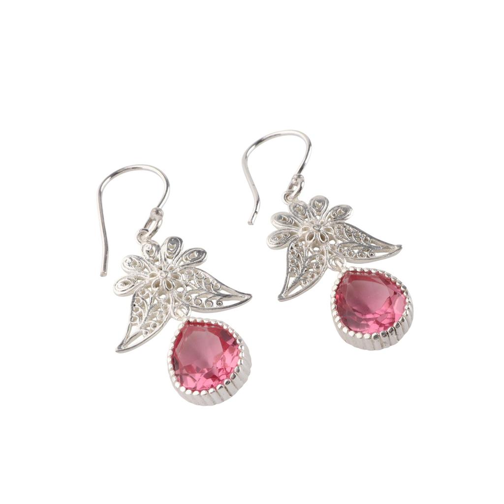 Natural Pink Tourmaline Gemstone 925 Stamped Silver Handmade Jewelry Partywear Hook Earrings 1.84" For Wedding CE-23-5