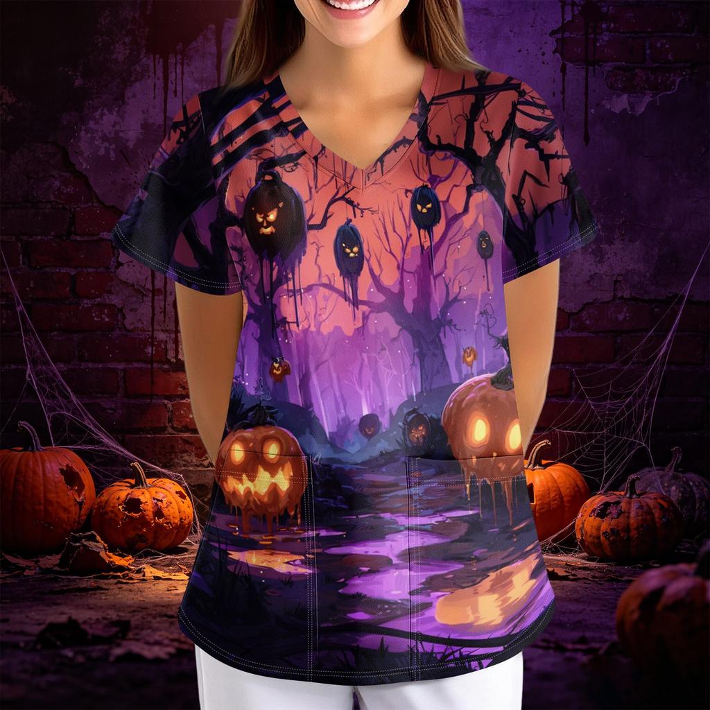 Women's Halloween Print Scrub Top V-Neck Short Sleeve with Pockets - Loose Fit Costume Shirt for Work or Party