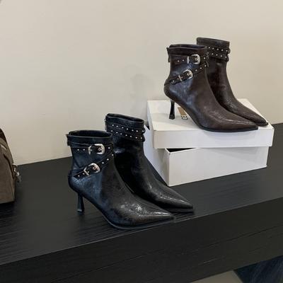 Fashion Fried Street European and American Trouser Boots Thin Heel High Heel Short Boots Women's 2025 Autumn and Winter New Belt Buckle Pointed Ma