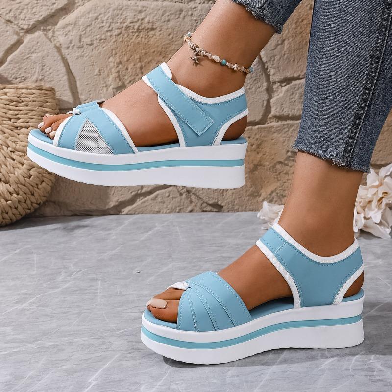 New Sandals Women's Large Size Thick-soled Color Matching Flat-soled Velcro Daily Casual Beach Sandals
