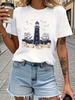 Womens Lighthouse and Seagull and Ship Pattern Tshirt Edition Short Sleeve Casual Top Navy Blue Geometric Coast Design Daily