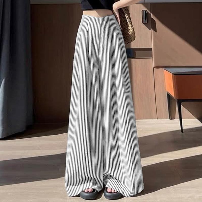 ZANZEA Women Loose Casual Stripe Print Wide Leg Pants S серый