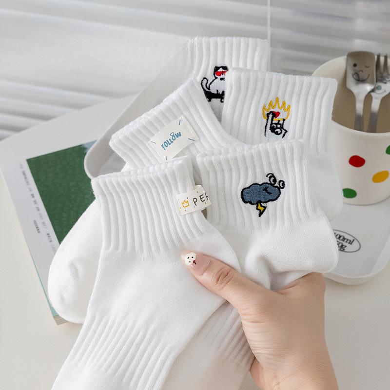 Solid Color Cotton Sports Socks for Women, Summer Thin Style for Women, Cartoon Embroidered Fabric Label Boneless White Short Socks