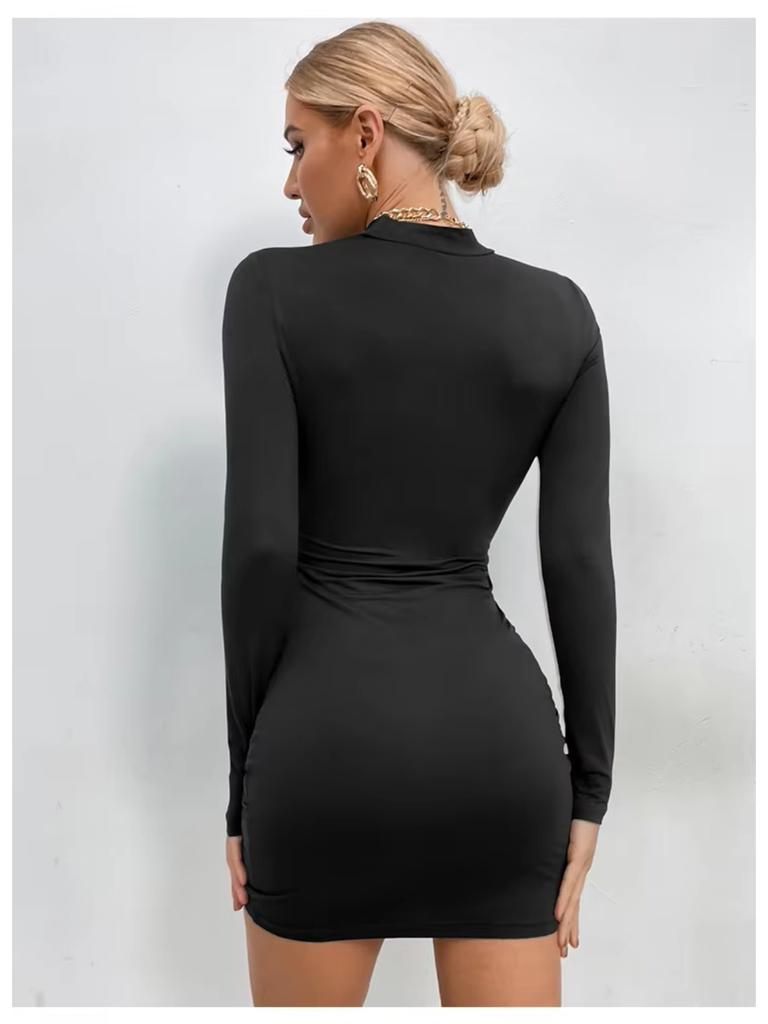 Sexy Mini šaty Bodycon zakrývající boky Dámská móda O-výstřih Dlouhý rukáv Šaty pro ženy Elegantní Štíhlé Řasení LaAe Up Vestidos