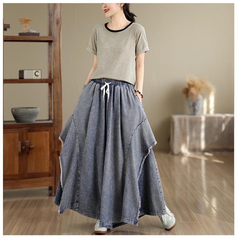 Autumn Winter Plus Size Women Jeans Long Pants Trousers Loose Wide Leg Pants Casual Denim Skirt Pants